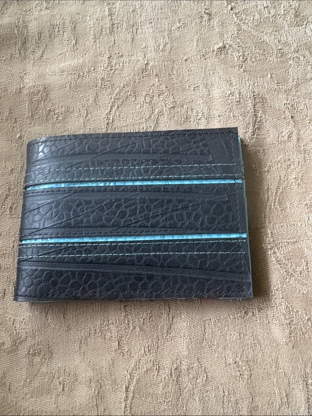 Slim Black Eco Friendly Leather Card Wallet with Blue Stripe Accent